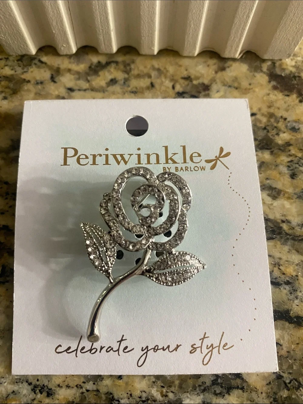 Periwinkle by Barlow Silver Rose Crystal Brooch about 1 3/4 in long NWT